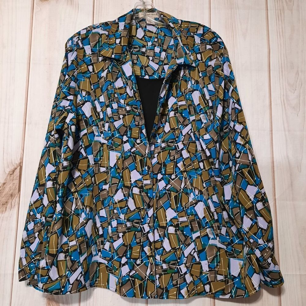 Ladies 1x Abstract Print Long Sleeve Button Down Top Colorful